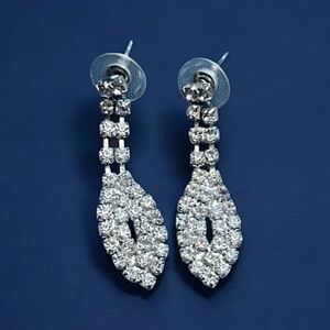 Vintage Rhinestone Dangle Earrings Marquise Silver Tone Glam Earrings